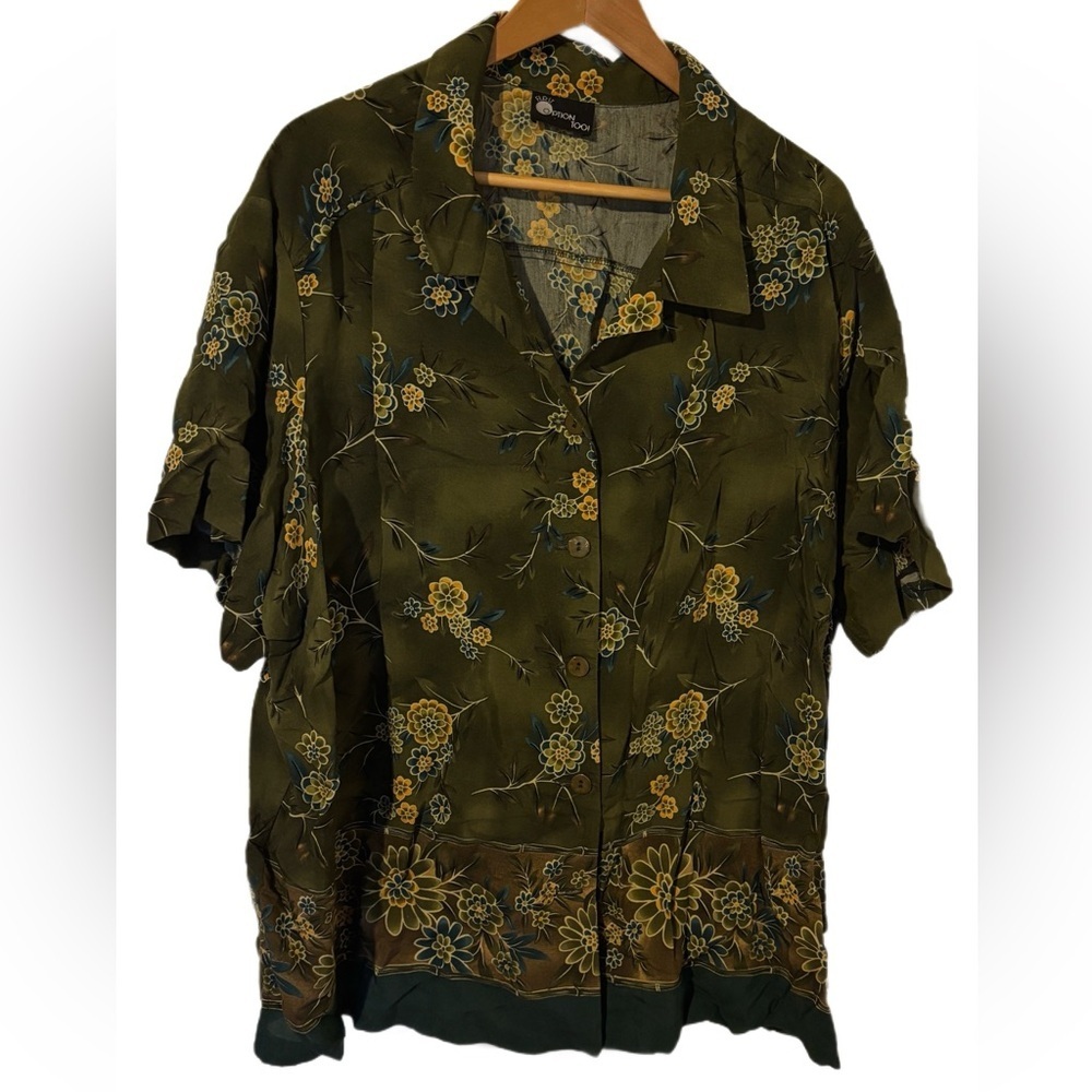 Option One Mens Floral Button Down Shirt Olive Green Short Sleeve XL Vintage